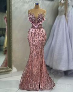 ASO EBI 2023 Arabiska rosa sjöjungfrun Prom Dress Pearls Sequined Lace Evening Formal Party Second Reception Birthday Engagement klänningar Klänningar Robe de Soiree SH028