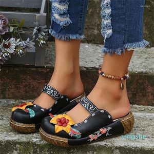 Terlik Kadınlar İçin Slingback Vintage Floral Tasarım Moda Tıknaz Sandal Boho Platform Kama Ayakkabıları Kadın Slip-On Flats Zapatos