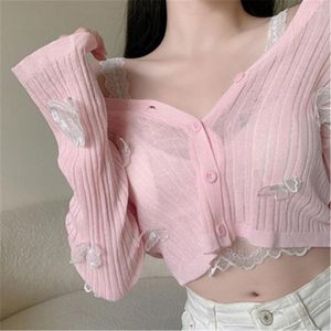 Malhas femininas Moda Moda Butterfly Knit Cardigans Mulheres coreanas Sexy Vitness Crop Tops Ladies Summer Summer Fino de mangas solares compridas jaquetas de protetor solar