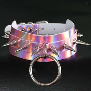 Choker Holographic Spiked Necklace Punk Goth Leather Collar Women Kawaii Chocker Party Jewelry