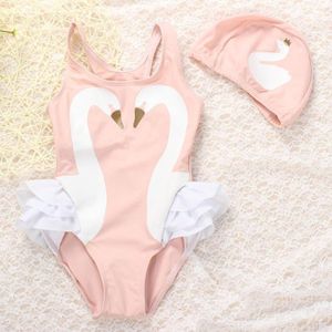 Kvinnors badkläder Girls Swimsuit Cartoon Kids With Swimming Cap Parrot Swan Flamingo 2023 Baby Girl Bathing Suit One Piece Swim Wear