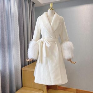 Women's Wool Autumn Winter Water Mink Turn Down Collar Imitation Fur Sleeves Beaded Warm Coat With Belt S3851