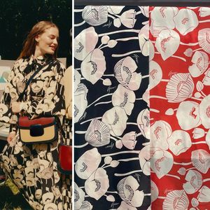 accessori Papaveri bianchi e neri e fiori rossi Crepe De Chine di seta Abbigliamento stampato digitale di marca Tessuto estivo personalizzato fai-da-te
