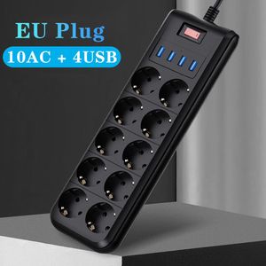 Adaptors 4000W Power Strip EU Plug Adapter Extension Cord 10 Outlet 4 USB Charger Electrical Sockets Home Office Surge Protector Socket