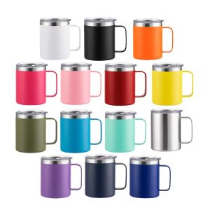 Logo personalizzato 14 once Tazze Bicchiere da caffè in acciaio inox a doppia parete isolato caffè tè campeggio tazze da caffè riutilizzabili con manico all'ingrosso FY5273