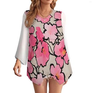 Women's Blouses Pink Flower Print Women's Sunscreen Clothing Swimming Beach Suit Long Sleeve V-Neck Oversize Plus Size Top 2023