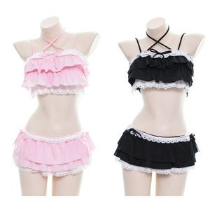 Badkläder söta tjejer lolita ruffle bikini sukumizu cosplay rosa och svart färg baddräkt ihålig flerskikt hem biquini kvinnor badkläder