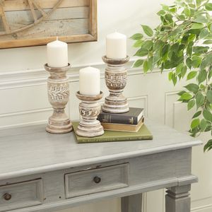 Country Carved Wood Candle Holder with Light Brown Whitewashed Finish, Set of 3 6 , 8 , 10 H