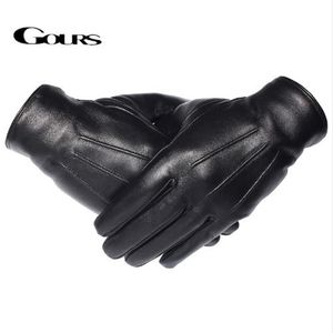 Gours mäns äkta läderhandskar riktiga fårskinn svart pekskärm handskar knapp modemärke vinter varma mittens nya gsm0306i