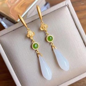 Dangle Earrings 3Style 925 Silver Plated Gold Hetian White Jade Orchid Butterfly Nephrite Green Emerald Flower Craftsmanship Drop Earring