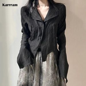 シャツkarrramゴシックブラックシャツヤマモトスタイル暗い美的ブラウス女性不規則デザイナー服エモアルチ服グランジトップy2k