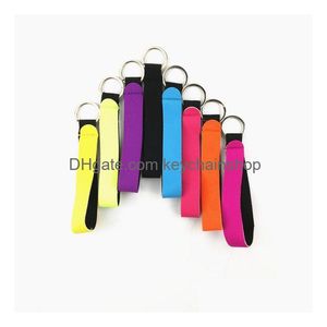 Nyckelringar Solid Color Neoprene Wristlet Keychains Party Favor Lanyard Strap Band Split Ring Chain Holder Hand Wrist Keychain för Dro Dhjze