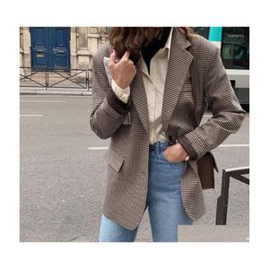 Abiti da donna Blazer Giacca da donna vintage da donna Cappotto a maniche lunghe scozzese pied de poule 2022 Autunno Elegante cardigan chic Abito allentato Dhyqj