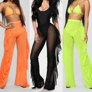 Bademode 2021 Sexy Frauen Durchsichtige Hosen Bikini Cover Up Mesh Rüschen Böden Plus Größe Lose Lange Hosen Bademode Bademode Badeanzug