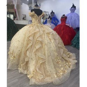 Champagne Gold Quinceanera Dresses Gillter off shoulder 3D Floral Lace-up Corset Cathedral Train Prom Vestidos de 15 aNos