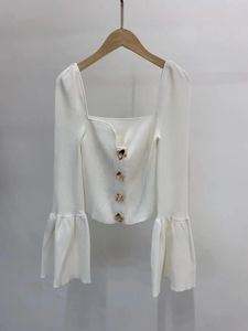 Two Piece Dress S-elf-Portrait White Ribbed Knit Flared Sleeve Cardigan Top Half Skirt Set