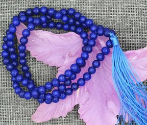 Chains Natural 6MM Blue Sapphire Jade 108 Buddhist Prayer Beads Mala Bracelet Necklace