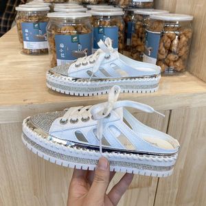 Slippers 2023 Fashion Flat Platform Half Women Summer Couple Bling Mules Crystals Lace-up Shoes Slides Plus Size 41 42 43