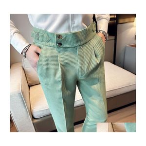 Men'S Jeans British Style Men High Waist Business Dress Fashion Houndstooth Office Social Suit Wedding Groom Casual Trousers 2836 Dr Dhurf