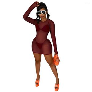 Casual Dresses Sheer Mesh 3 Piece Set Women Bodycon Dress 2023 Sexig Spaghetti Strap Bra Top Underpant Long Sleeve Mante Party Outfits