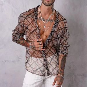 Мужские поло, модная мужская рубашка с принтом, сексуальная прозрачная сетчатая тонкая рубашка с длинным рукавом на пуговицах и отложным воротником, повседневный мужской кардиган 230512