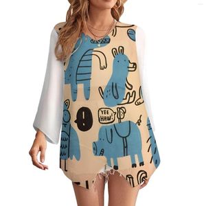 Women's Blouses Cute Animal Print Women's Sunshade Beach Suit Long Sleeve Chiffon Irregular Hem Personalized Top Plus Size 2023