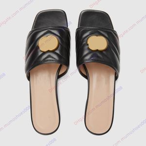 Women Designer fashion Leather Mules flat slippers girls Double G twill quilted Leather Slides sandals chunky block heels with metal