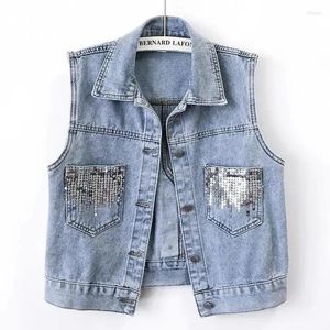 Gilet da donna Fashion Design Paillettes Denim Gilet Estate Autunno Gilet da donna 2023 Giacca jeans senza maniche coreana Top donna