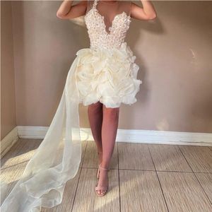 Elfenbeinfarbene Pick-ups, kurze Ballkleider, 3D-Blumen-Ballkleid, Cocktailparty-Kleider, transparenter Ausschnitt, Mini-Heimkehrkleid