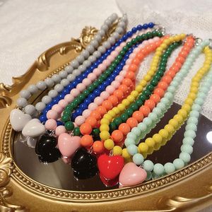 Pendant Necklaces Contrast Color Beaded Blue Gray Heart-shaped Niche Necklace Candy-colored Collar Chain Y2k Jewelry For Girls