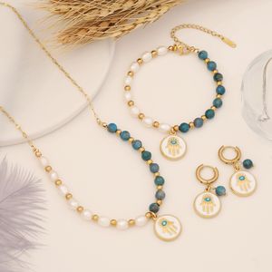 Beautiful Natural Stone White Pearl Necklace Fatima Hand Evil Eye Pendant Necklaces Bracelet Earring Jewelry