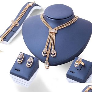 Other Jewelry Sets 4Pcsset Gold Crystal Necklace Bracelet Ring Earrings Fashion Women Jewellery Bijoux De Mariage Dubai 88095 220808 Dh9Yj