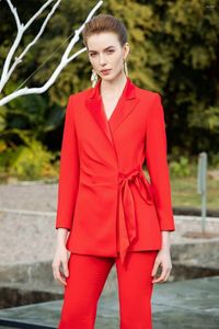Zweiteilige Damen-Hosen, modische Damen-Blazer-Sets, 2 Stück, schmal geschnittener Mantel mit Gürtel, ausgestelltes rotes Geschäft, formelle Damen-Hosenanzüge nach Maß