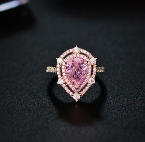 Clusterringe CMajor Sterling Silber Synthetischer Diamant Schmuck 14 Karat Süße Nachahmung Wassertropfenform Rosa Klassischer Ring für Frauen
