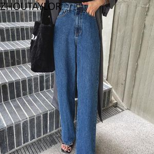 Kvinnors jeans zhoutaylor kvinna franska stil kontor lady zippers hög midja breda ben byxor femme vår modebyxor kvinnliga
