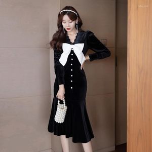 Casual Dresses Women's Clothing 2023 Spring Elegant Long Sleeved Bow Velvet Black Dress Evening