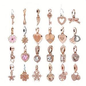 925 Sterling Silver Ciondola Charm Regalo per la festa della mamma Oro rosa Life Leaf Hanger Snowflake Bead Fit Pandora Charms Bracciale Accessori per gioielli fai da te