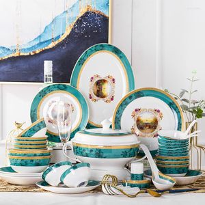 Dinnerware Sets European-Style Bone China Tableware Suit Jingdezhen Ceramic Bowl Plate Golden Edge Household Dish & 58 Gifts