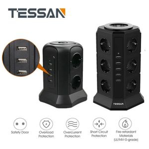 Adaptors TESSAN EU Plug Power Strip Tower with 5 USB Charger Ports + 12 Sockets 2M/6.5ft Extension Cord Overload Protector Switch On/Off