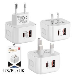 20W Fast Rápido carregador Tipo C PD USB-C Carregador de parede Dual portas Dual UE Adaptador de energia UK UK para iPhone 11 12 13 14 15 Samsung Huawei Xiaomi Android Telefone com caixa