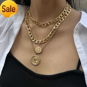 Exaggerated Hot Sale Multi-layered Punk Chain Choker Necklace Double Layer Carved Coin Pendant Necklace