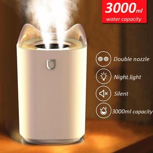 加湿器ホームエア加湿器3000mlダブルノズルクールミストアロマディフューザーコロフルLEDライト濃度霧超音波USB加湿器