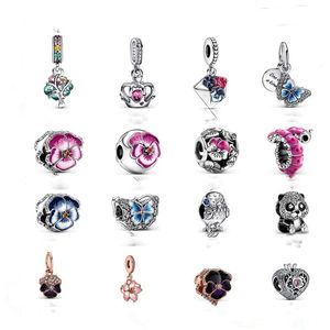 925 Sterling Silber baumelnder Charm-Anhänger zum Muttertag, dreifarbig, Viola-Umschlag, Raupe, Panda, Schmetterling, Krone, Perle, passend für Pandora-Charm-Armbänder, DIY-Schmuckzubehör