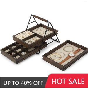 Jewelry Pouches Wooden Trays Box Earring Rings Storage Case Display Convenient Charming Women Makeup Cases