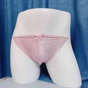 Underbyxor sömlös thong sexig mens mesh underkläder se genom trosor förbättra penispåsen trosor låg stigning mjuk jacquard underkläder