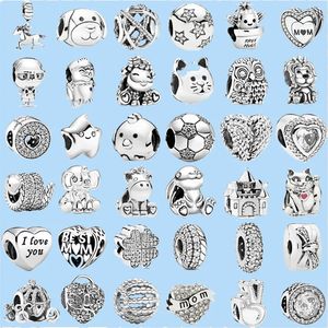 925 encantos de prata esterlina para Pandora Jewelry Beads New Silver Color Lucky Cat Feather Owl Castle DIY