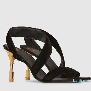 Sandalen Schuhe Damen Pump Schwarz Samt Riemchen Slingback Gold Geformter Absatz Sexy Dame Hochzeit Gehen EU35-40