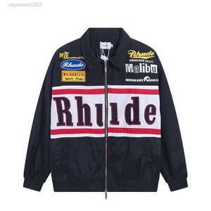 RHUDEジャケットスモールクラウドファッションロサンゼルスバッジ刺繍文字バナーラペルジップジャケットメンズアンドコートLTJ4