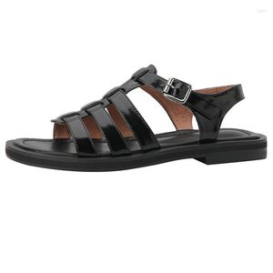 Sandali Marca Donna Vera Pelle Tacco Basso Estate Stile Roma T-Strap Scarpe Casual Donna Nero Beige