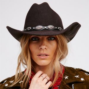 Rollup Large Brim Wool Felt Hats Women Men Western Cowboy Hat With Punk Leather Belt Jazz Cap314R